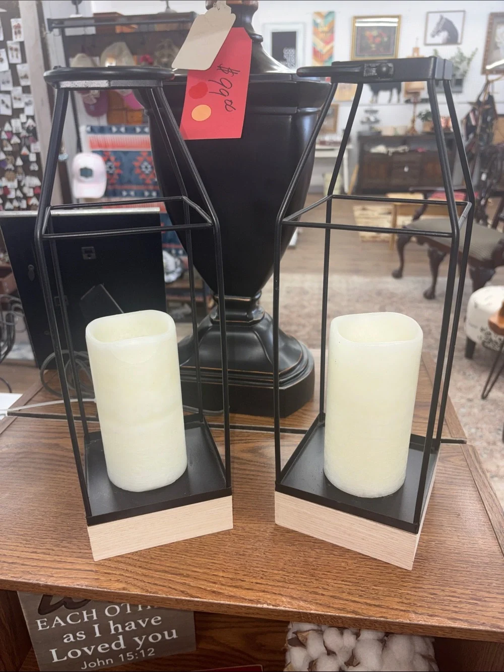 Unbranded Black Metal Lanterns with Cream LED Candles - Pair